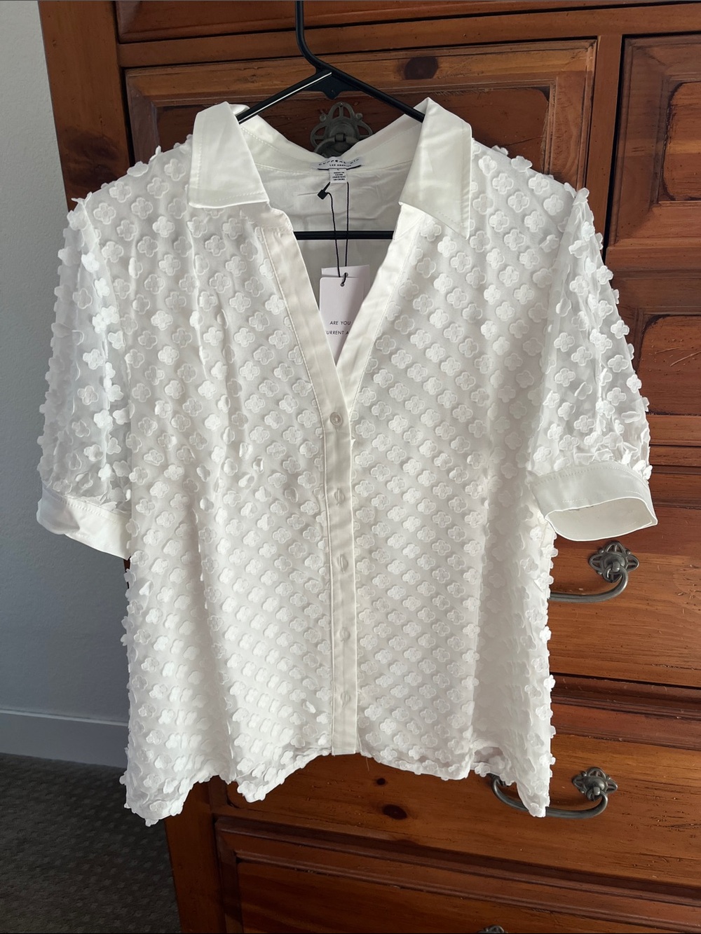 Current Air White Short-Sleeve Textured Button-Down Blouse Size Large NWT